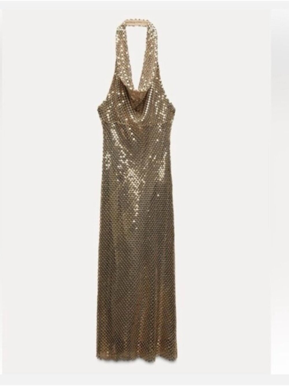 ZARA Gold Sequin Mesh Halter cowl neck open back Midi Maxi Dress EUC Size XS - Picture 11 of 16